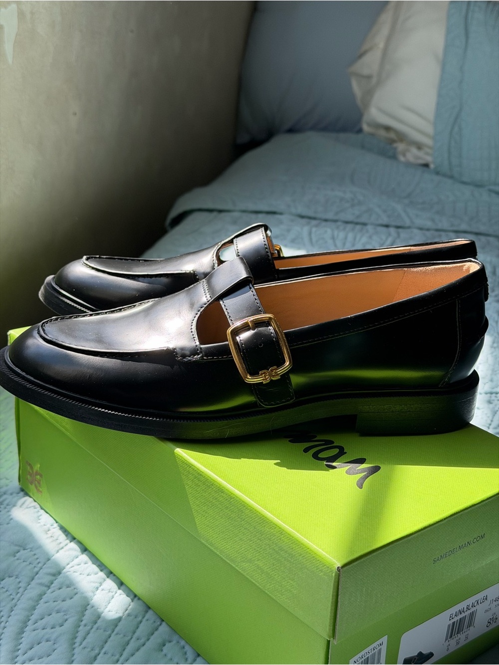 Sam Edelman Black Patent Mary Jane Loafers with Gold Buckle - Picture 4 of 7